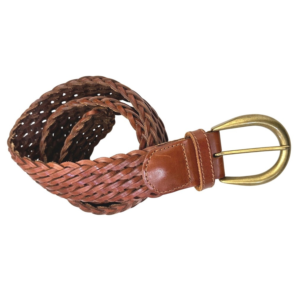 Lands' End Brown Braided‎ Leather Belt Size 30 Woven Brass Buckle Casual